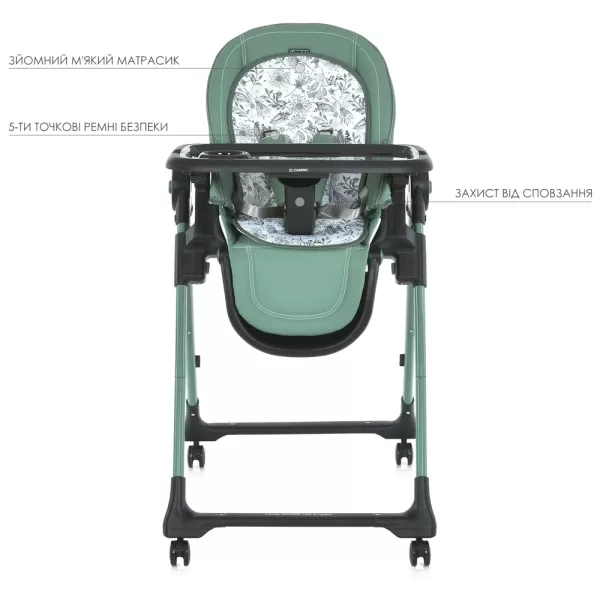 Стільчик ME 1037-B CRYSTAL Green для годування, 5-точ. ремені, матрац, 4 колеса, шкір.,  зелений