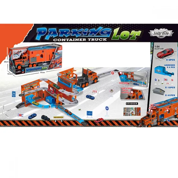 Гараж XG879-123 2в1 (трейлер), транспорт,1:64, дорож.знаки,муз.,світло,бат.(табл.),кор.,61-26-18,5см