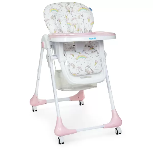 Стільчик M 3233 Unicorn Pink для годування, 5точ.ремені, столик висув., 4колеса, єдиноріг, рожевий.