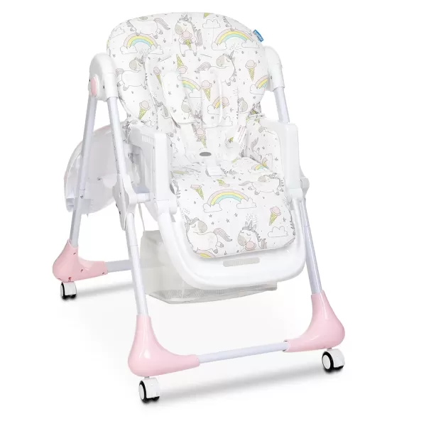 Стільчик M 3233 Unicorn Pink для годування, 5точ.ремені, столик висув., 4колеса, єдиноріг, рожевий.