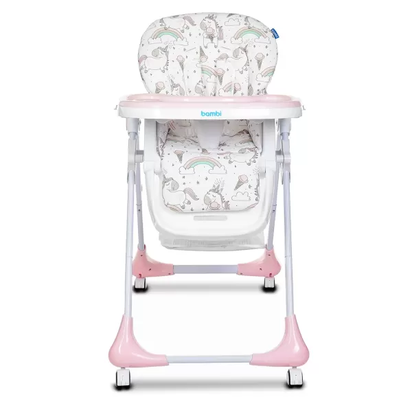 Стільчик M 3233 Unicorn Pink для годування, 5точ.ремені, столик висув., 4колеса, єдиноріг, рожевий.