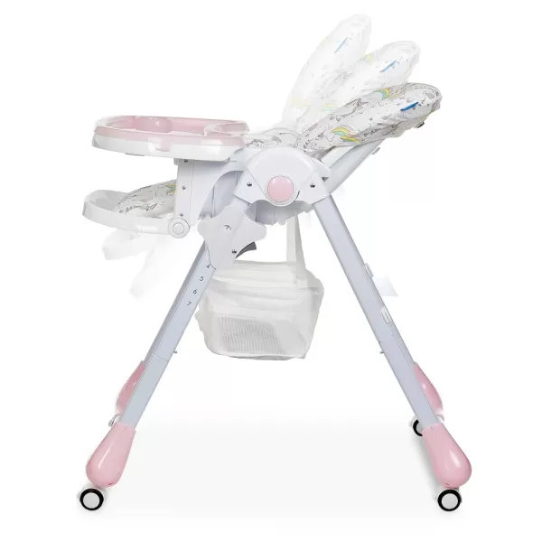 Стільчик M 3233 Unicorn Pink для годування, 5точ.ремені, столик висув., 4колеса, єдиноріг, рожевий.