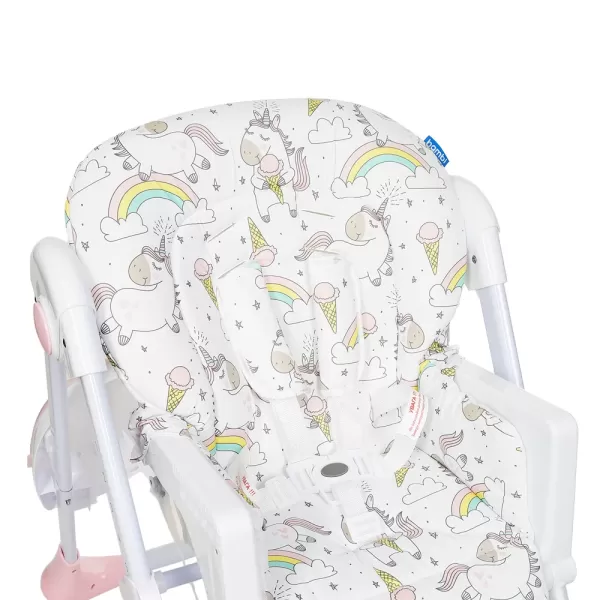 Стільчик M 3233 Unicorn Pink для годування, 5точ.ремені, столик висув., 4колеса, єдиноріг, рожевий.