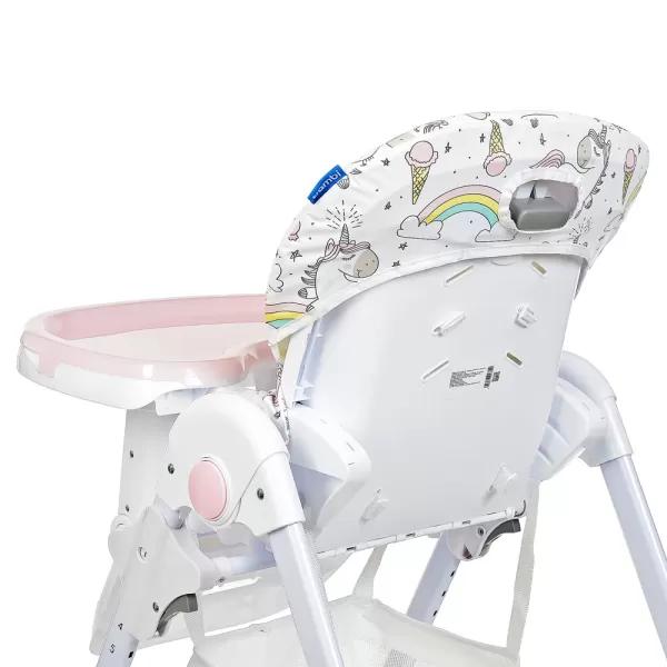 Стільчик M 3233 Unicorn Pink для годування, 5точ.ремені, столик висув., 4колеса, єдиноріг, рожевий.