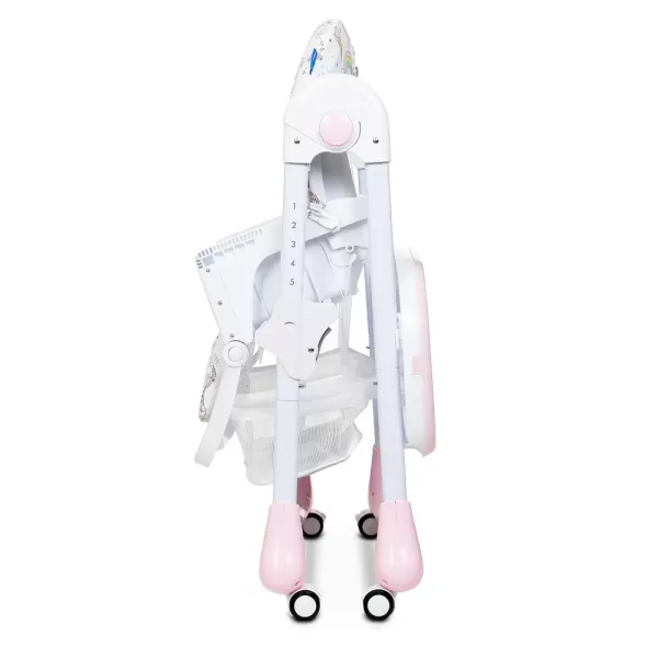 Стільчик M 3233 Unicorn Pink для годування, 5точ.ремені, столик висув., 4колеса, єдиноріг, рожевий.