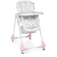Стільчик M 3233 Unicorn Pink для годування, 5точ.ремені, столик висув., 4колеса, єдиноріг, рожевий.