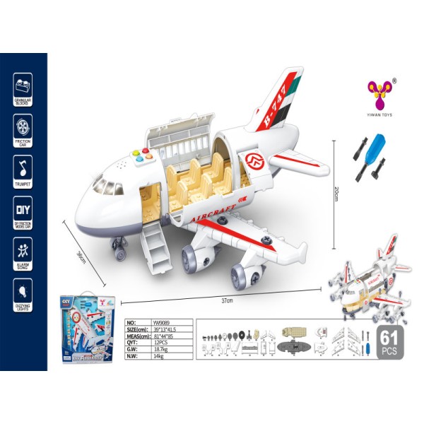 Конструктор YW9089 на шурупах, літак, викрутка, 61 дет., муз., світло, бат., кор., 39-41-13 см.