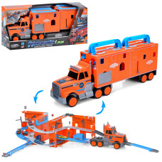 Гараж XG879-123 2в1 (трейлер), транспорт,1:64, дорож.знаки,муз.,світло,бат.(табл.),кор.,61-26-18,5см