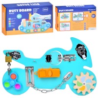 Дерев'яна іграшка бiзiборд MD 0800 мотоцикл,спінер/м'які кнопки,замок із ключем,засув,рух.дет.,кор.